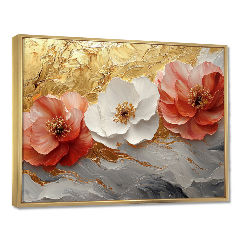 Pivoines dorées rouges sur l'horizon de marbre I - pivoines, art mural, H 12 po x l 20 po, Cadre flottant, Doré