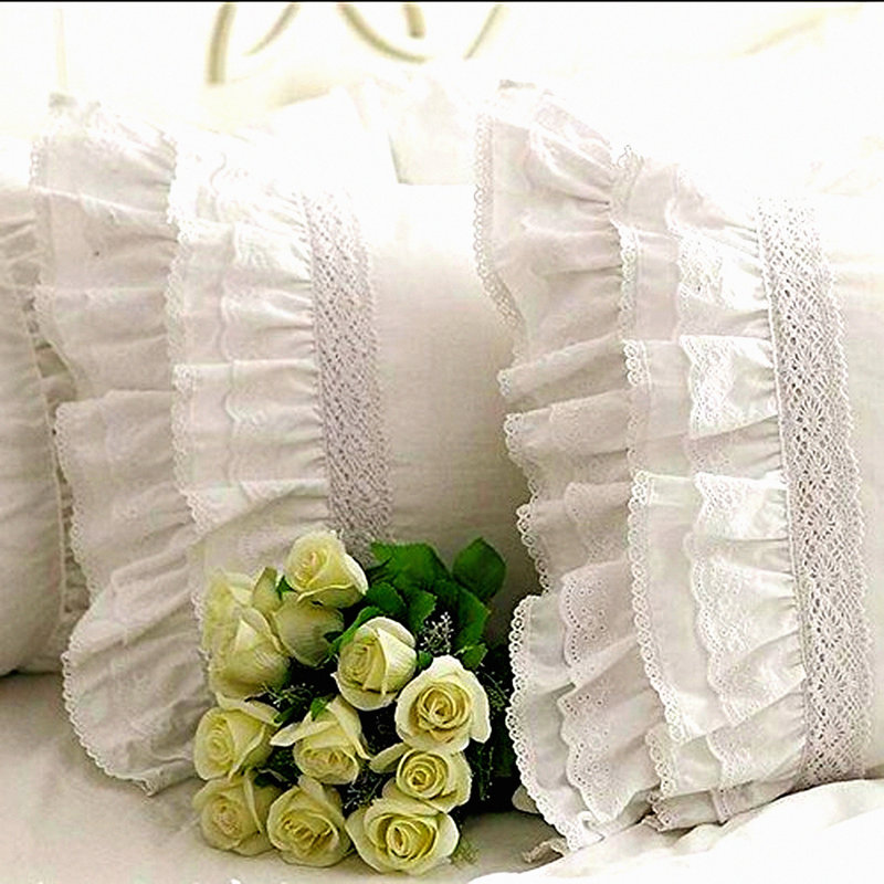 One Piece Vintage Lace Ruffle Pillowcase - Shabby Elegance White Embroidery Matching Standard Size 20"x30"