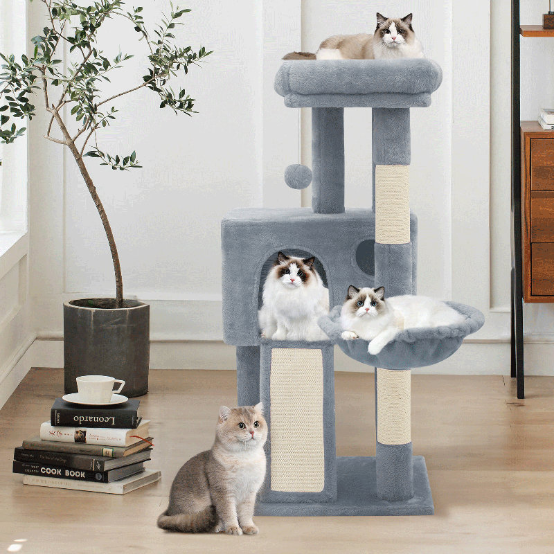 Light Gray Multi-Level Cat Tree with Sisal Scratching Posts