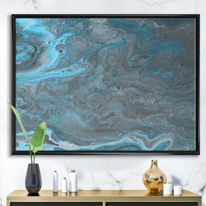 Paysage de marbre bleu et gris-reproduction d’art sur toile, H 12 po x l 20 po x p 1 po, Cadre flottant noir