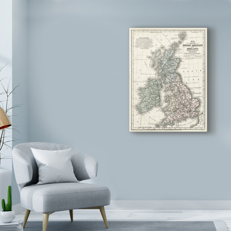 «Carte de la Grande-Bretagne et l'Irlande», reproduction de dessin sur toile tendue, H 32 po x l 24 po x P 2 po