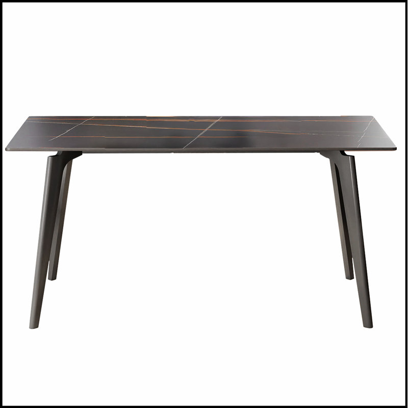 Table de salle à manger moderne en pierre artificielle avec bord droit noir et pieds en métal gris foncé pouvant accueillir six personnes