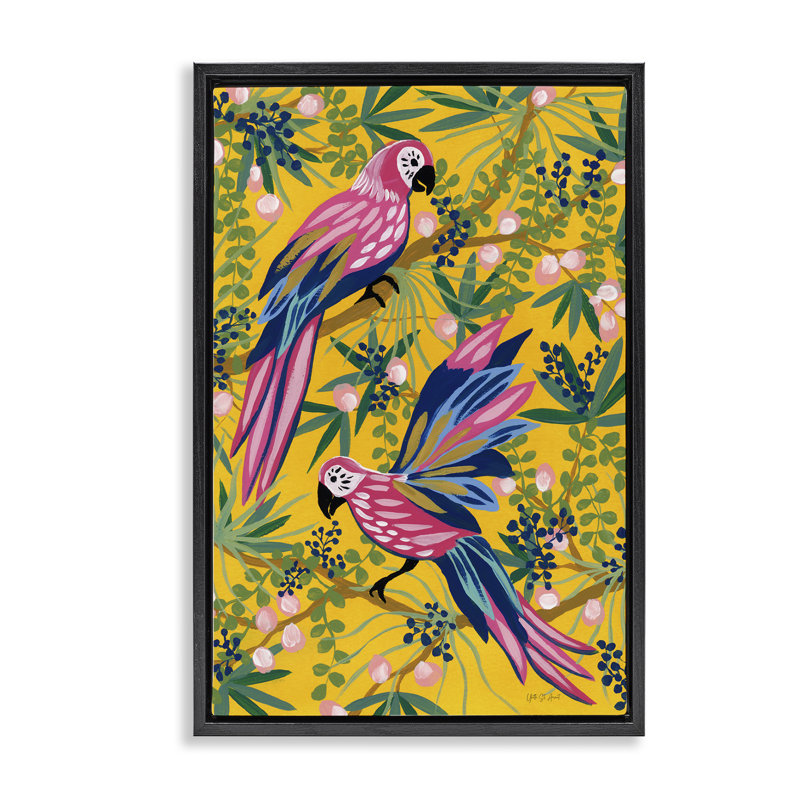 Toile flottante encadrée à motif de perroquets, par Maximalist, Cadre flottant noir de jais, H 31 po x l 21 po