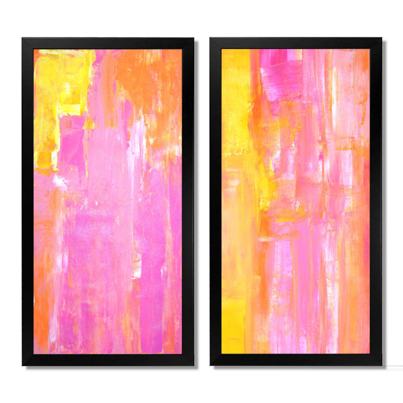 Ensemble de 2 peintures sur toile - Abstrait jaune et rose, H 32 po x l 32 po x P 1 po, Cadre photo noir