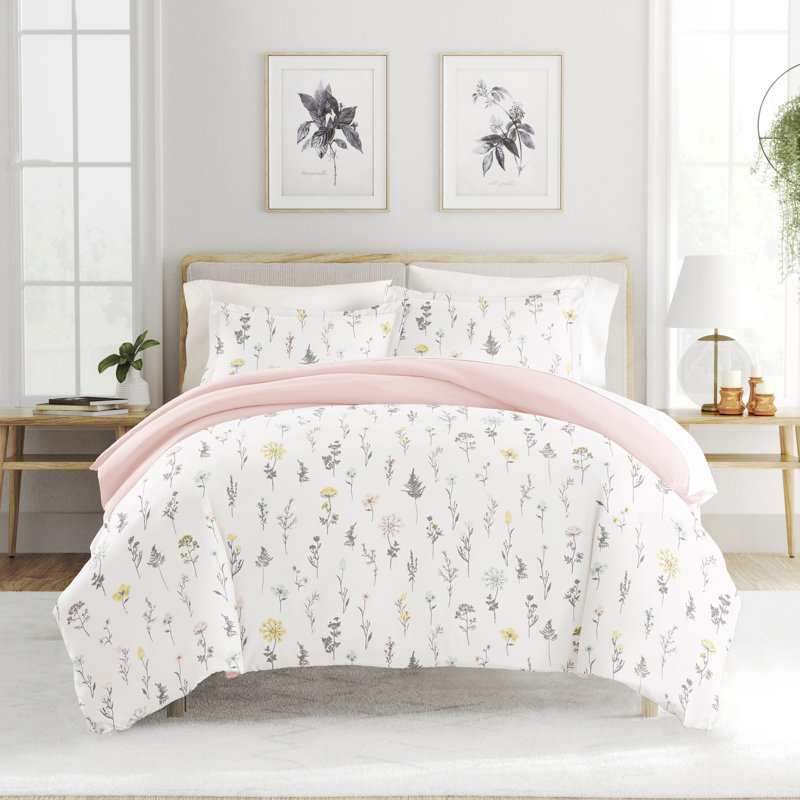 Pink Wild Flower Reversible Full/Queen Microfiber 3-Piece Duvet Cover Set