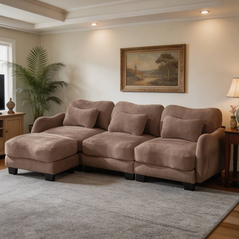 Canapé modulaire ergonomique courbé en L en forme de L avec 1 repose-pieds mobile, Rose Dust, 34.6" H x 101.1" W x 58.2" D