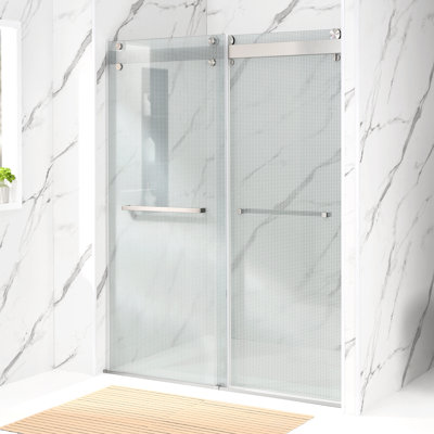  56-61"W x 76" H Frameless Double Bypass Sliding Shower Door, 10mm Laminated Privacy Glass with Wired Inner Layer, Soft-Close Rollers