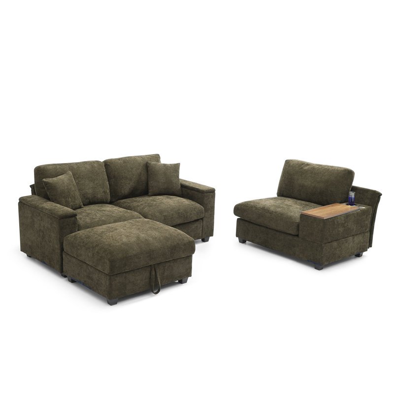 Canapé modulaire modulaire avec repose-pieds avec rangement, Lin vert