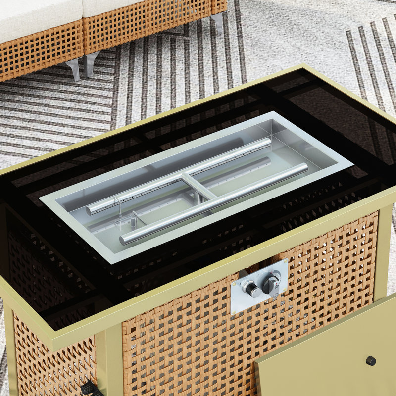 43" Backyard Fire Pit Table, 60000 Propane Gas, Rectangular Open Weave With Glass Wind Guard For Patio Deck Garden - Orange & Mustard Yellow Outdoor Heating ,