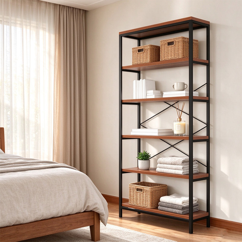 Heavy Duty Tall Freestanding Bookshelf, Industrial Storage Organizer with Metal Frame, Vintage Display Unit for Living Room, Bedroom & Home Office