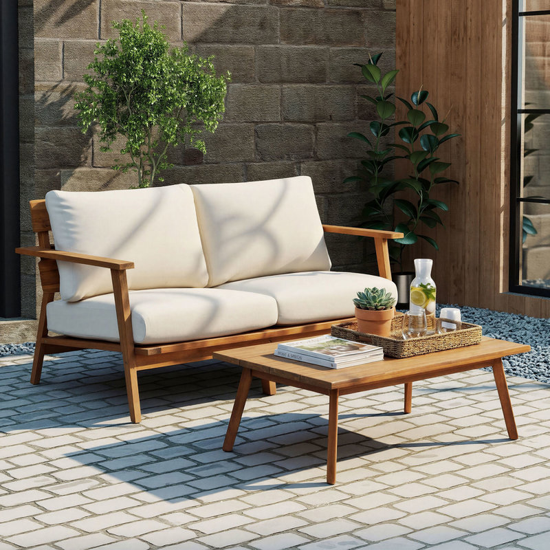 Ensemble de patio d'extérieur 2 pièces en acacia Mid-Century avec causeuse et table basse