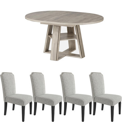 Expandable Dining Table Set with Storage Shelf and Upholstered Chairs for 4-8
