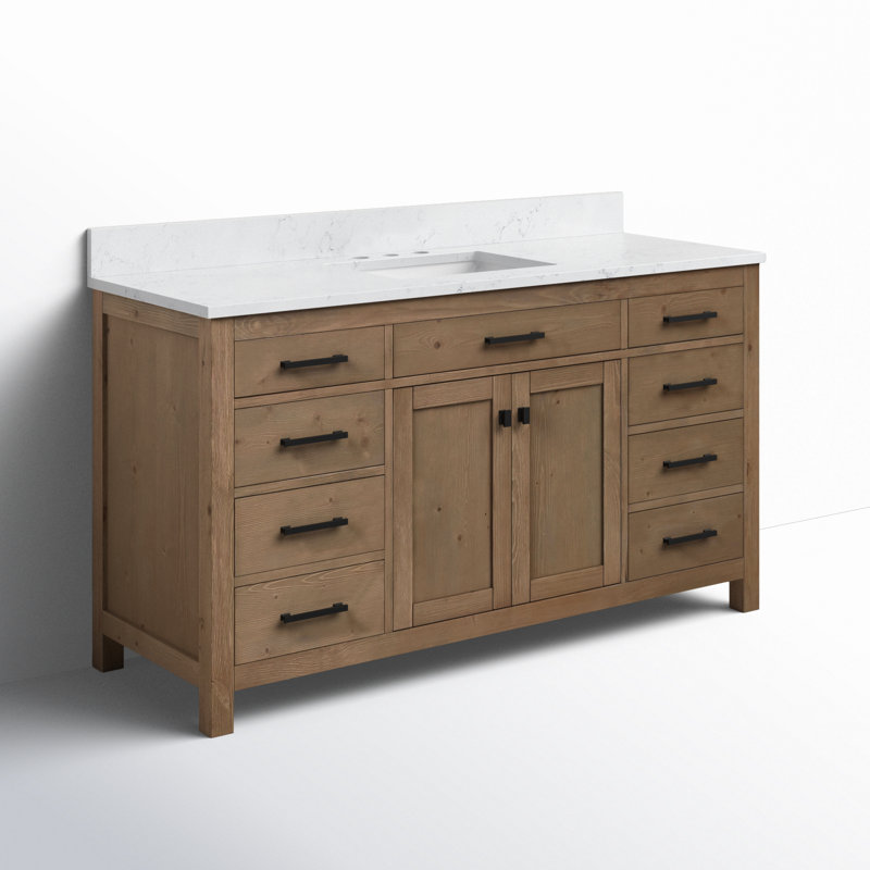 Meuble-lavabo simple 60 po Ajiya, Blanc de Carrare, Naturel texturé / noir mat