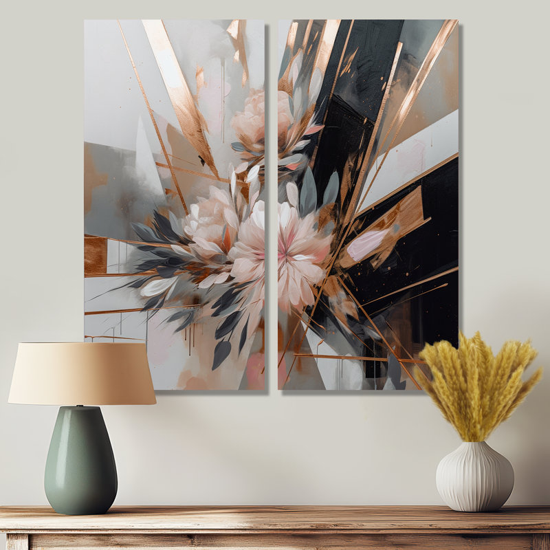Élégance florale linéaire rose II - art mural floral grand 2 pièces, H 20 po x l 24 po, Toile tendue, Ne s’applique pas