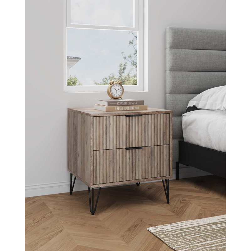 Table de chevet cannelée 20 pouces à 2 tiroirs gris rustique