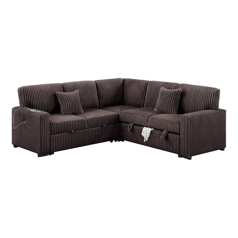 Modern Style Soft Textured 3Pc Convertible Sectional Reversible Storage Pull Out Bed USB Port Chocolate Finish Primary Living Room Pillow Included