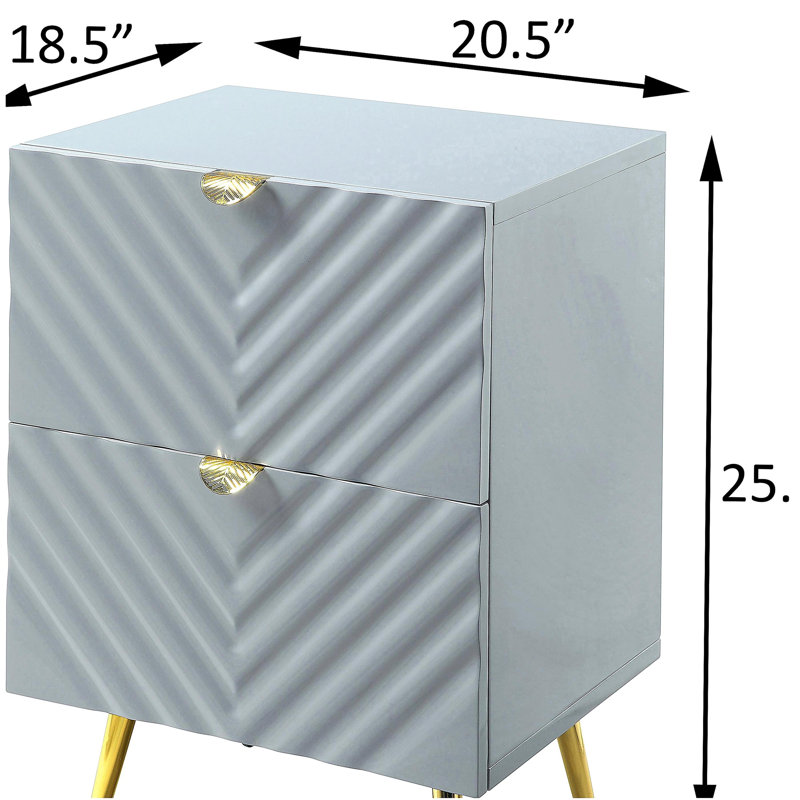 Grey High Gloss 2-drawer Nightstand, Gray