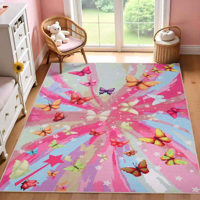 Hempel Butterfly Colorful Kids Playroom 100% Polyester Indoor Area Rug, Rectangle 8' x 10'