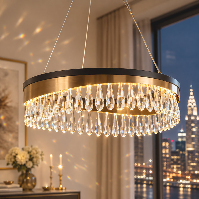 Lustre géométrique DEL Irma à intensité variable avec roue de chariot en cristal, 3000K