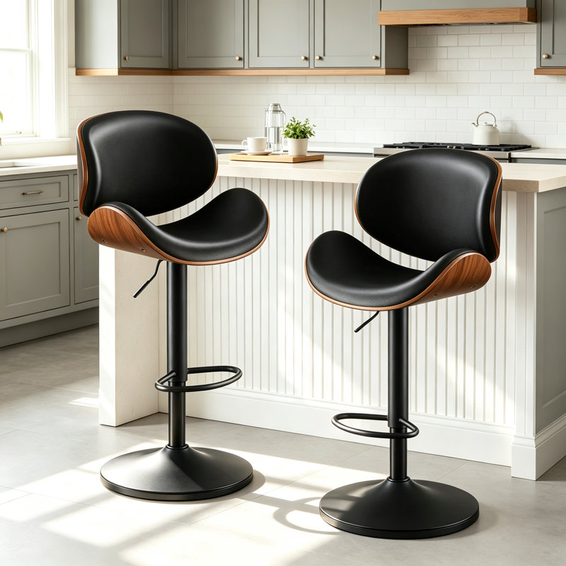 Modern Faux Leather Swivel Adjustable Height Bentwood Bar Stool, Black