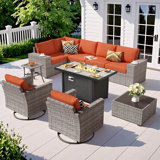 7 - Person Patio Furniture Set with Swivel Rocker, Outdoor Wicker Rattan Sectional Seating Group with Cushions, All Weather Sofa Conversation Set with Fire Pit Table for Garden Backyard