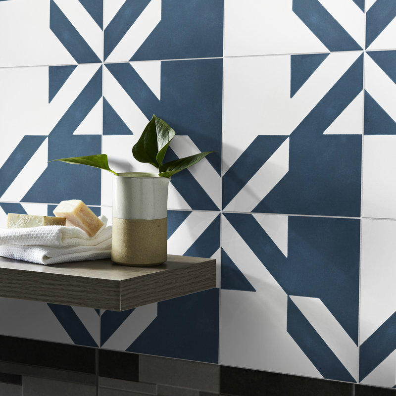 Tantan 8" x 8" Cement Patterned Wall & Floor Tile, Beige/White