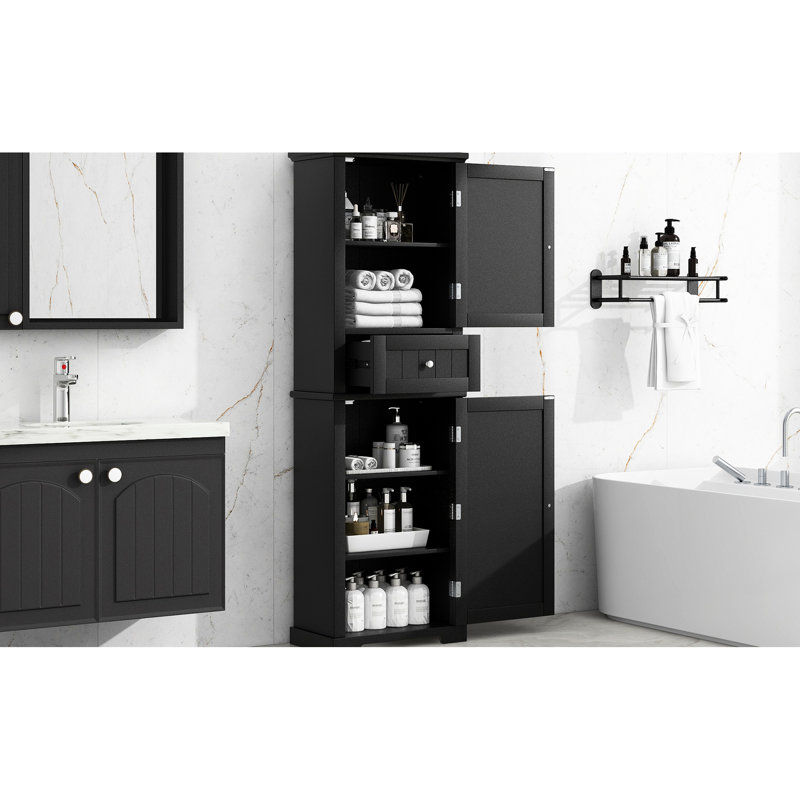 Armoire de salle de bain haute noire avec tablette réglable et tiroir inférieur central