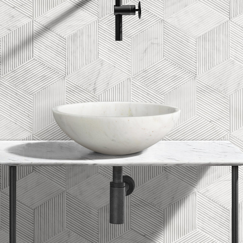 Lavabo vasque de salle de bain en marbre blanc naturel, surface semi-polie, pierre naturelle, marbre véritable, marbre véritable, 15,7 x 5,9 pouces / 400 x 150 mm