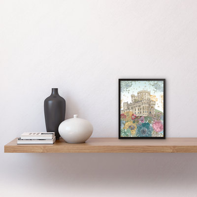 Castle Over Blooming Flower Meadow Modern Pastel Colour Linocut - Single Picture Frame Print
