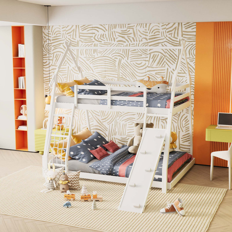 Twin over Queen House Bunk Bed with Climbing Nets and Climbing Ramp, Natural, White