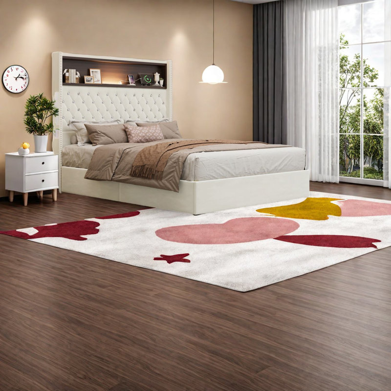 Luxueuse base de lit en velours avec port USB, conception à oreilles beige
