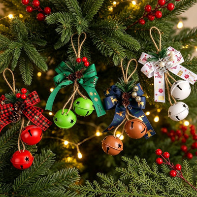 16 pièces de décoration de cloche de Noël en métal avec nœud, corde de jute et baies, ornements de ferme rustique pour arbre de Noël