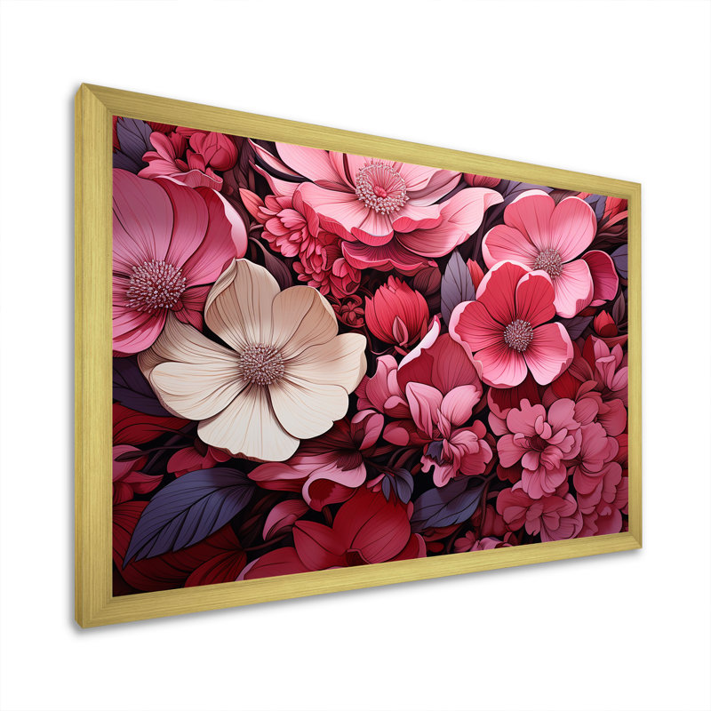«Pink Twilight Poppies Glow Collage» - Art mural coquelicots, Cadre doré à coins fermés, H 12 po x l 20 po x P 1 po