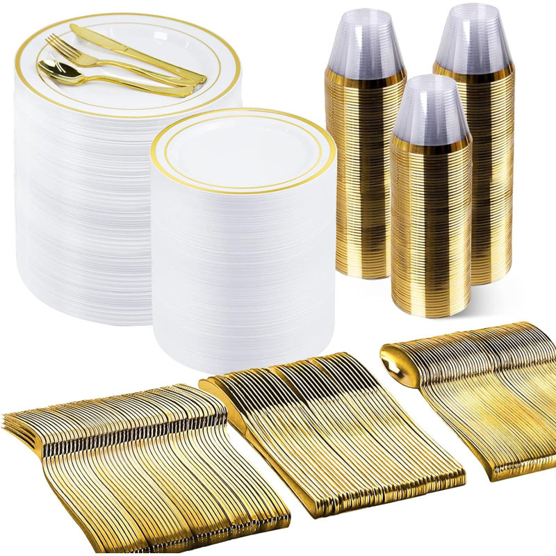 Ensemble de fournitures de fête de mariage jetables en plastique, Or