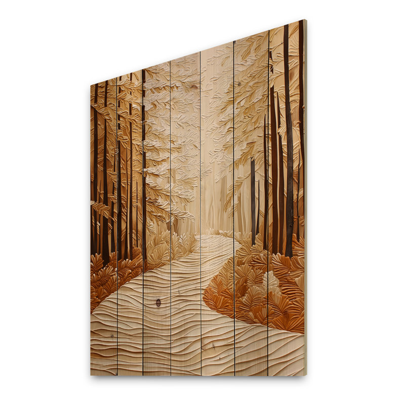 Automne, le sentier enchanté, forêt I - Paysage de campagne, impression sur bois blanc sur bois de pin naturel