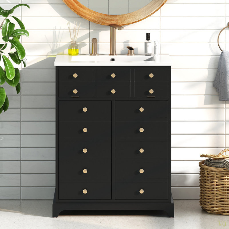 Meuble-lavabo de 24 po avec tiroir, deux portes à fermeture douce, armoire de rangement peinte moderne avec lavabo en céramique, meuble-lavabo simple élégant pour les petits espaces
