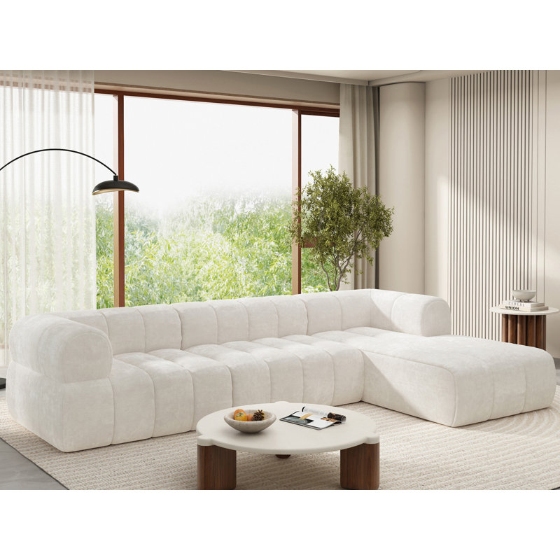 L-Shaped Upholstered Sectional, Beige Polyester