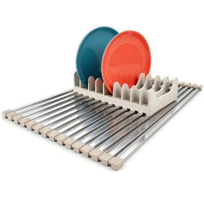 Large Roll Up Dish Drying Rack with Dish Holder, Square aluminum bars, Rolls up for easy storage, Removable dish holder, Heat resistant, (Purple Gray)