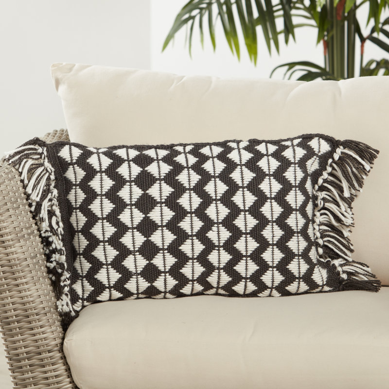 Coussin rectangulaire intérieur / extérieur en polyester et polyester, Noir / Ivoire