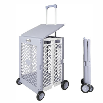 55L Foldable Rolling Cart with Wheels, Portable Updated Utility Tools with Lid Rolling Crate w/ Telescopic Handle, Gray