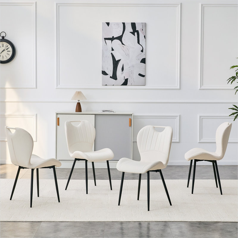 Chaises d'appoint modernes minimalistes, similicuir blanc avec poignée intégrée, structure en métal noir mat, ensemble de 4