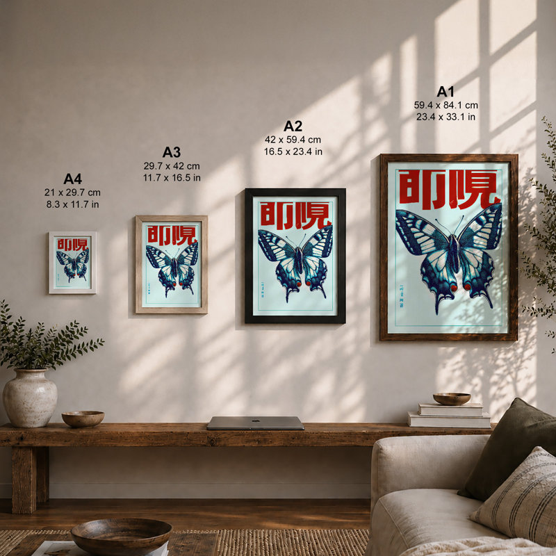 Butterfly In Blue Japandi - Print, A4 - 29.7 x 21.0 cm, Black