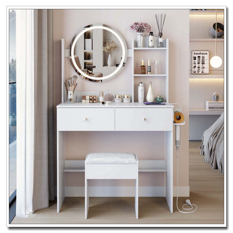 Table de coiffeuse ronde à miroir DEL avec tabouret rembourré, 2 prises CA + 2 prises USB, grand miroir, interrupteur tactile, 3 couleurs d'éclairage, luminosité réglable
