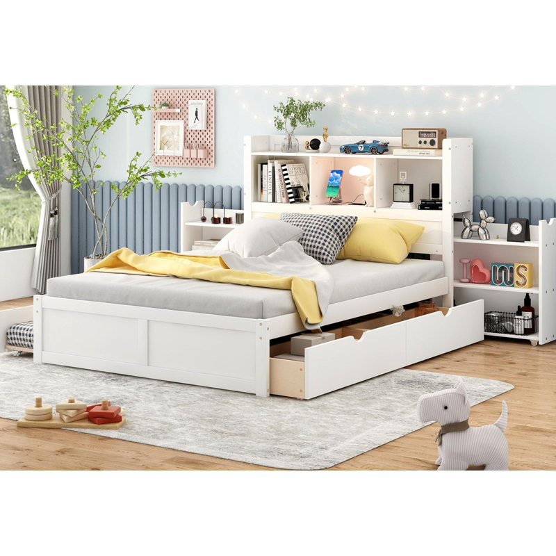 Lit plateforme double avec rangement escamotable, Blanc