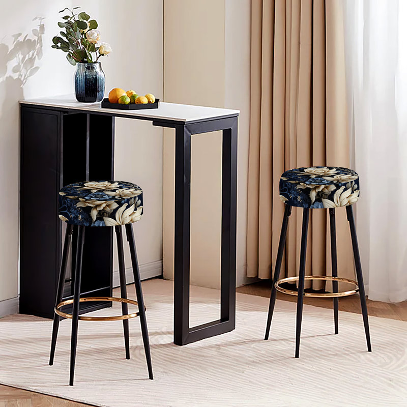 Elodea - Ensemble de 2 tabourets de bar à imprimé, Fleur de marguerite bleu foncé et blanc Mahomed I