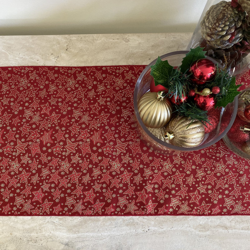 Oretha Geometric Christmas Table Runner, 120" L x 12" W, Red