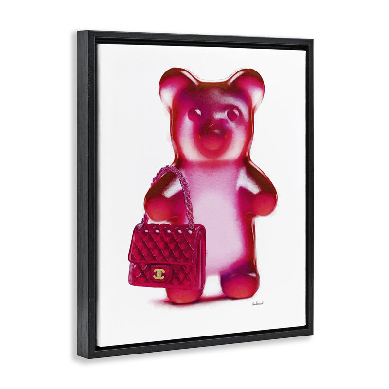 "Red Bear & Purse", art mural encadré par Amanda Greenwood, H 21 po x l 17 po, Cadre flottant noir de jais