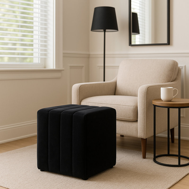 Conover Square Upholstered Ottoman - Compact Pouf Footstool For Living Room Decor - Luxury Ottoman Accent For Bedroom And House Decor - 19", Black