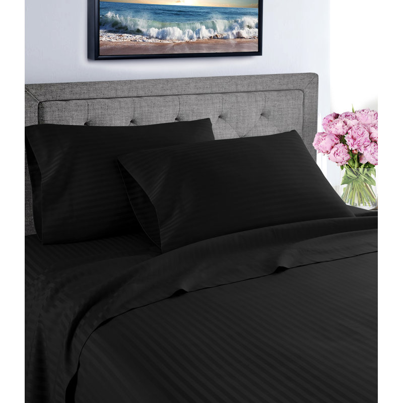 Egyptian Cotton Sateen Striped Sheet Set, Black, Full