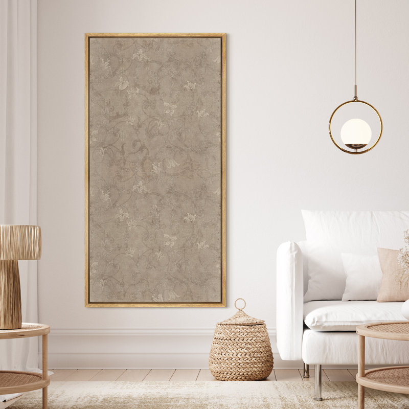 Vintage Beige Floral Damask Elegant Subtle Pattern Illustration Modern Artwork - Extra Large Framed Wall Art Canvas Print